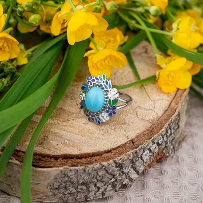Кольцо с цветами из серебра с бирюзой и эмалью — интернет-магазин  Костромской Ювелирный Завод
