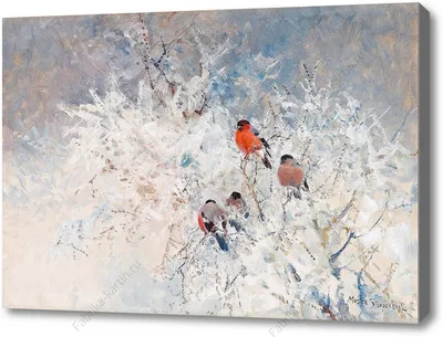 Репродукция картины \"Снегири на снежной ветке\". Картина маслом на холсте \" Снегири на снежной ветке\"
