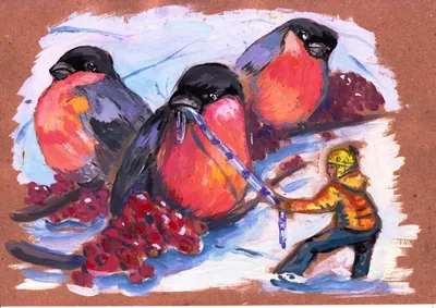 Иллюстрация Снегири на снегу в стиле другое | Illustrators.ru