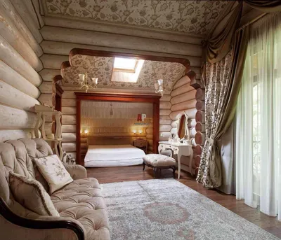 Интерьер спальни в доме из бревна - 70 фото