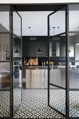 Стеклянные двери в черном дизайне. Кухня