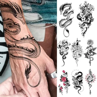 Водостойкая временная тату-наклейка, черный дракон, змея, тотем, пион,  цветок розы, флеш-тату, женские и мужские руки, боди-арт, поддельные  татуировки - купить по выгодной цене | AliExpress