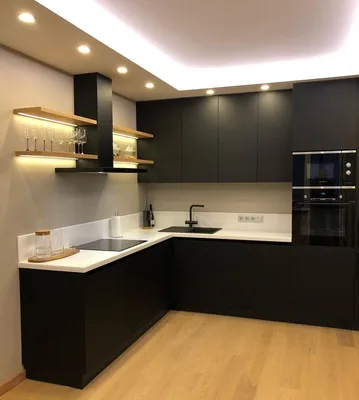 Угловая черная кухня в стиле минимализм \"Модель 768\" в Тамбове - цены, фото  и описание.