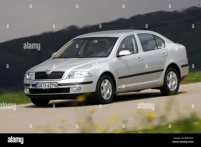 Car, Skoda Octavia 1.6 FSI, Limousine, Lower middle-sized class, model year  2004-, silver, driving, diagonal from the front, fro Stock Photo - Alamy