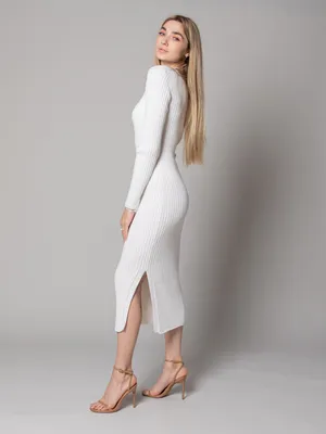 Купить Трикотажное платье миди с разрезом белое в интернет магазине Knitman