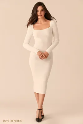 Белое облегающее платье миди с фигурным вырезом каре 0450358537-1 - купить  в интернет-магазине LOVE REPUBLIC по цене: 899 руб