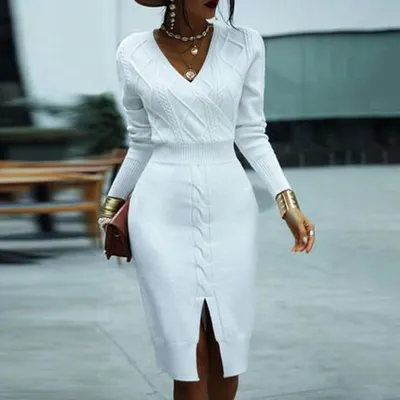 Женское трикотажное платье-свитер, Белое Облегающее платье до колен с  разрезом, Осень-зима 2021 | АлиЭкспресс