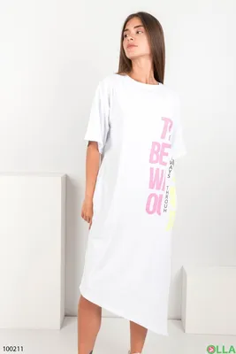 Женское белое трикотажное платье с надписью И-8306-2-2 - купить недорого в  интернет магазине \"OLLA\