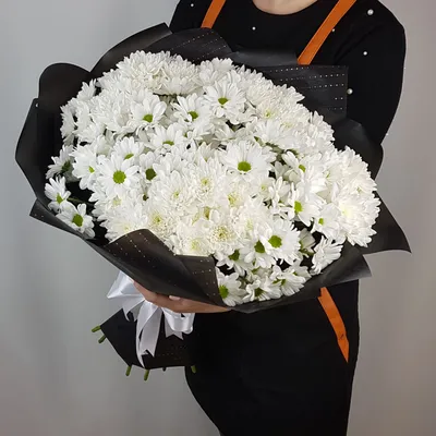 Белые хризантемы в черной упаковке доставка в Липецке | Гелерея Цветов