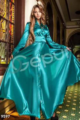 Атласное бирюзовое платье длинное с рукавами (арт. ) ♡ интернет-магазин  Gepur