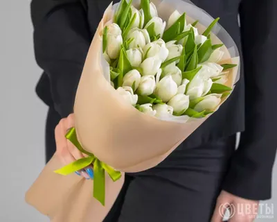 Букет 25 белых тюльпанов в упаковке с доставкой в Барнауле | Купить тюльпаны  недорого