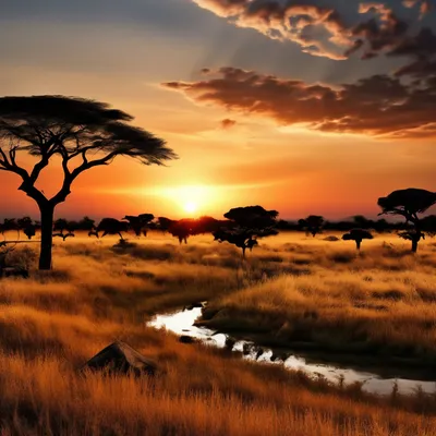 Африканский закат саванны с Silhouetted деревом Стоковое Фото - изображение  насчитывающей вышесказанного, яркое: 176351606