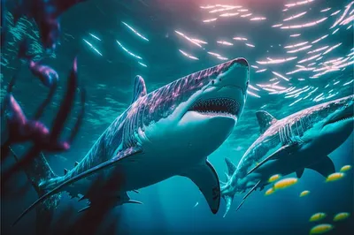 Акула и рыба плавают в океане | Премиум Фото