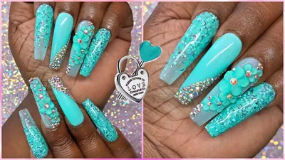 Aqua nails with glitter and nail art : r/Nails