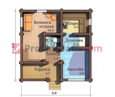 Проект бани 6 на 6 (6x6) из бревна с бассейном