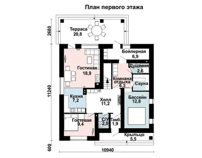 Проект бани 6 на 6 (6x6) из бревна с бассейном