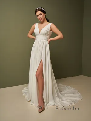 Белое прямое свадебное платье, греческая элегантность, V-образный верх,  шифон, шлейф, нежная невеста - салон свадебной моды E-svadba