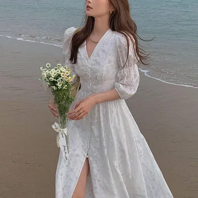 Купить Французское винтажное белое платье, женское однотонное платье миди с  v-образным вырезом и цветочным принтом, женское вечернее пляжное цельное  платье, Корея, лето 2021 г. | Joom