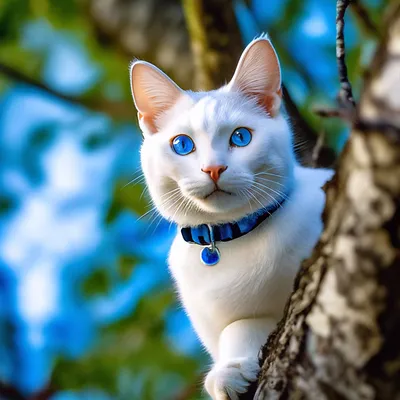 белый кот с голубыми глазами смотрит в камеру, местный кот с V образными  ушами, Hd фотография фото, глава фон картинки и Фото для бесплатной загрузки