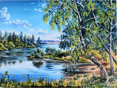 Берёзы у лесной реки -летний пейзаж художника Зорина