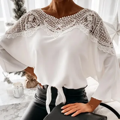 Женская кружевная блузка в стиле пэчворк с рукавами «летучая мышь»,  однотонная ажурная женская рубашка с круглым вырезом и открытой спиной,  элегантные летние женские блузки, Топ | AliExpress