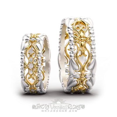 Обручальные кольца из трёх видов золота с бриллиантами и гравировкой (Вес  пары 40 гр.) | Купить в Москве - Nota-Gold