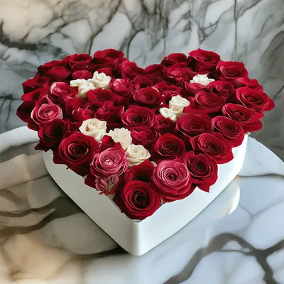 Цветы Букет из роз в виде сердца в декоративной корзине #R6019 доставка  Владивосток