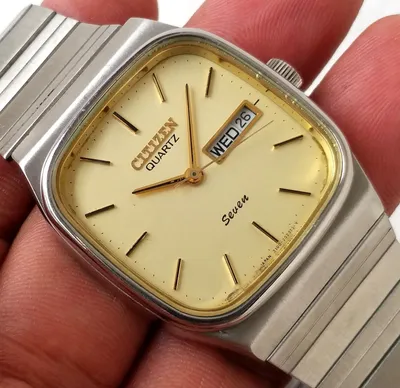 Vintage Citizen Seven Japan Quartz Day Date Yellow Dial Steel Men's Slim  Watch | eBay