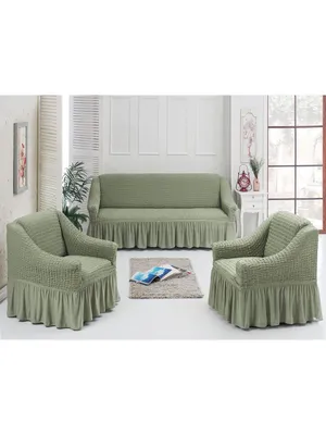 Комплект натяжных универсальных чехлов на диван и 2 кресла серо-белый.  Производство Турция
