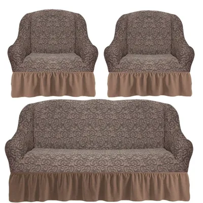 Комплект чехлов на диван и 2 кресла с оборкой вензеля жаккард цвет: кофе