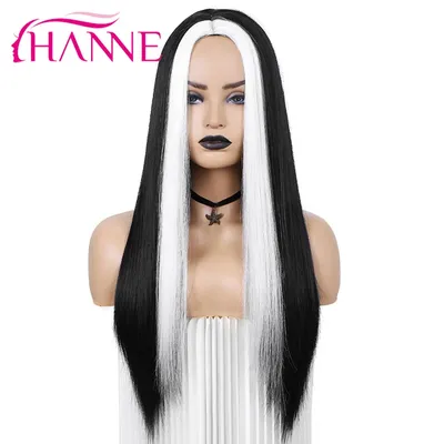 HANNE черно-белые длинные прямые парики Омбре, натуральные средние части  для женщин, термостойкие волосы ed естественного вида | AliExpress