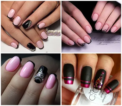 Черно-розовый глянцевый дизайн ногтей с серебристо-розовым глитером,  тонкими полосками