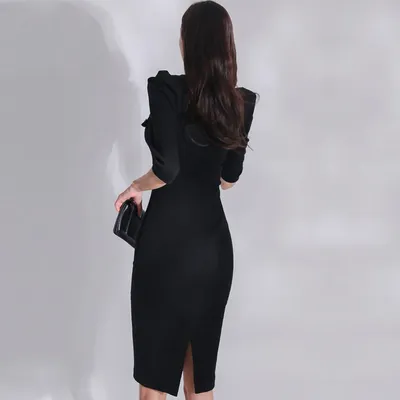 Женское облегающее офисное платье с высокой талией, весеннее черное  однобортное элегантное офисное платье с О-образным вырезом и  рукавами-фонариками, 2024 | AliExpress