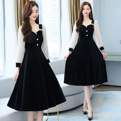 Купить Женское черное офисное платье в Корейском стиле на весну и осень,  лоскутное платье с сетчатыми рукавами в горошек, элегантное бархатное  нежное платье миди | Joom