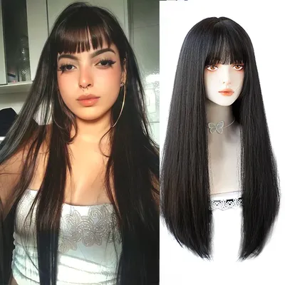 Черные длинные прямые волосы HOUYAN, синтетический женский парик, черные  аниме челки, парик для вечеринки, косплей, парик Лолиты | AliExpress