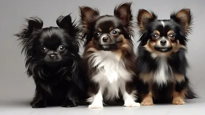 три маленькие черные и коричневые собаки чихуахуа на сером фоне, фото  маленьких пород собак, собака, домашний питомец фон картинки и Фото для  бесплатной загрузки