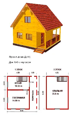 Каркасный дачный домик с террасой Вяз (КТ) 6х6 Площадь: 36 м² с террасой  под ключ в Подольске