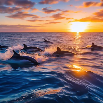 Обои на рабочий стол Два дельфина выпрыгнули из моря на фоне заката, обои  для рабочего стола, скачать обои, обои бесплатно
