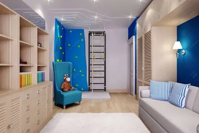 Детская комната для мальчика с просторной спортивной зоной