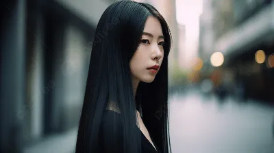 Красивая девушка с длинными черными волосами гуляет в осеннем парке. Длинный  черный парик. Stock Photo | Adobe Stock