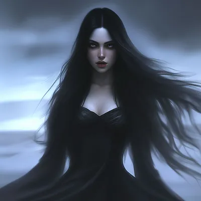 Девушка с длинными черными волосами, глаза красного цвета, одета в  викторианское черное платье on Craiyon