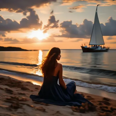 Девушка сидит на берегу моря. Она …» — создано в Шедевруме