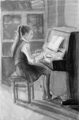 Иллюстрация девочка за пианино в стиле графика | Illustrators.ru