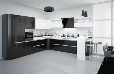Черно-белая современная кухня с островом
