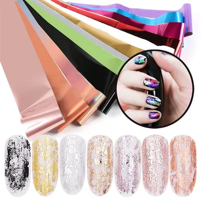 Фольга переводная Aliexpress для дизайна ногтей New 10 Mix Rolls Color 32  Styles Available Nail Art Transfer Foils Sticker Adhesive Acrylic Gel Tips  Decoration Aluminum +Bottle - «Один набор фольги-миллион вариантов маникюра,