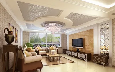 Дизайн потолка в гостинной из гипсокартона (65 фото)