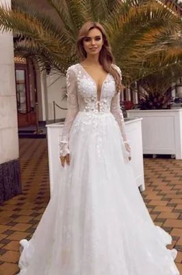 Шикарное свадебное платье с длинным рукавом артикул 201875 цвет белый👗  напрокат 7 000 ₽ ⭐ купить 56 000 ₽ в Москве