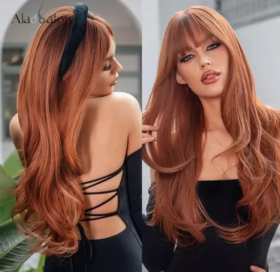 Купить HAIRCUBE Длинные красно-коричневые медно-рыжие синтетические парики  для женщин Натуральные прямые волосы Повседневный парик для косплея с  челкой Термостойкий | Joom