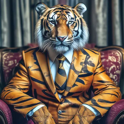 Брутальный добрый тигр в костюме. …» — создано в Шедевруме