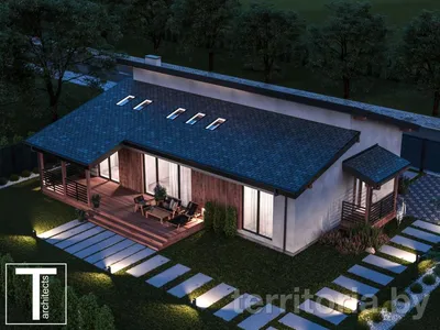 Тета» - проект одноэтажного дома в стиле барн, с террасой, 2 спальни: цены,  планировка, фото. Купить готовый проект 1020B